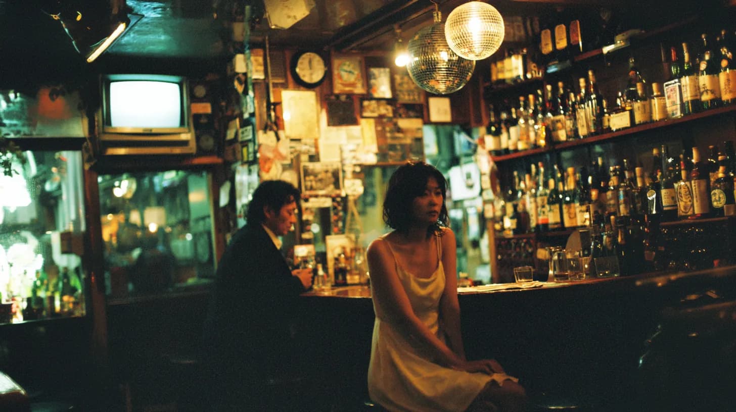 スナックのカウンターで静かに座る女性と奥で飲む男性客の様子