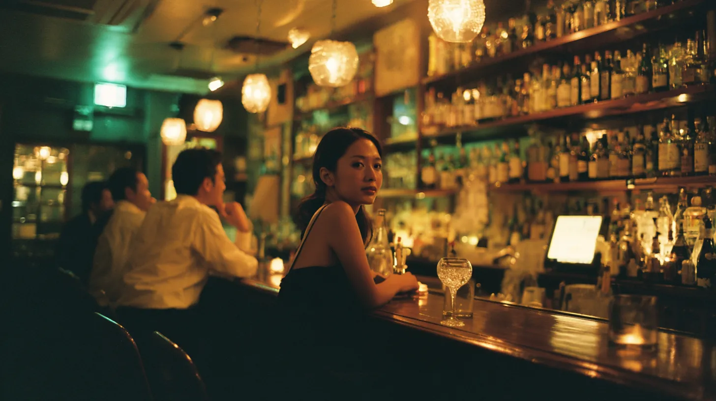 スナックのカウンターで一人でお酒を飲む女性客