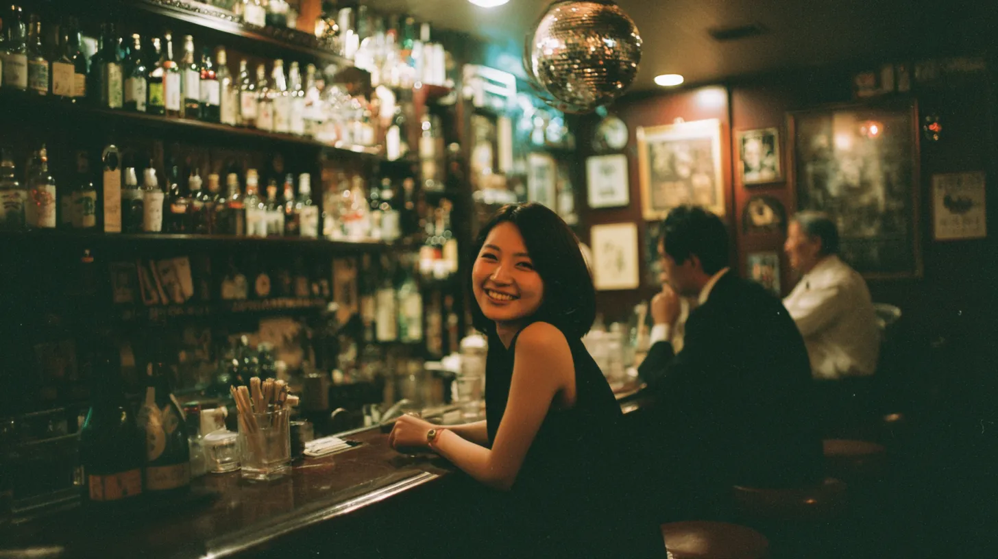スナックのカウンターで一人飲みを楽しむ女性客
