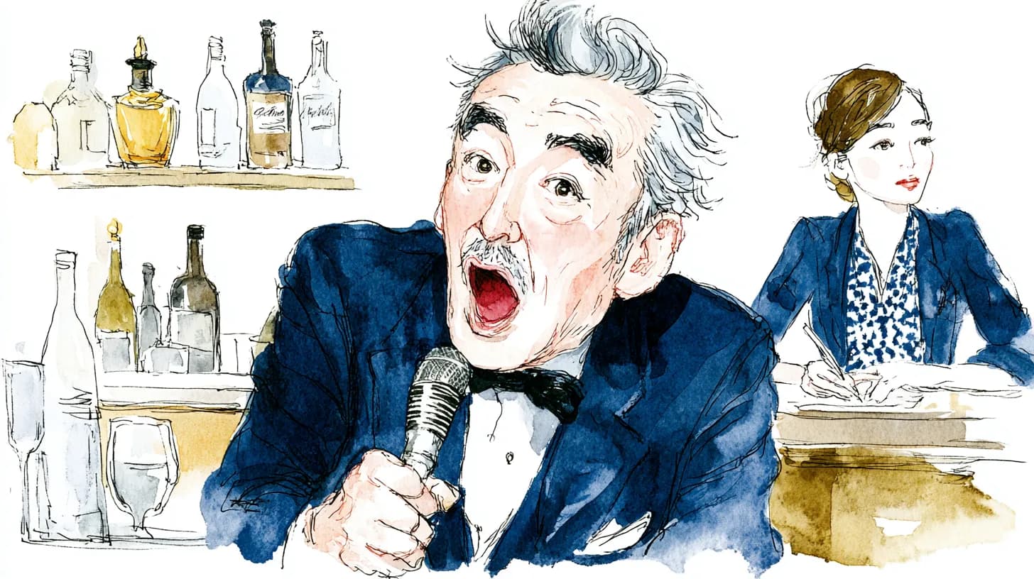 スナックのカウンターで中年男性がカラオケを歌い、隣の女性が迷惑そうに顔をそらしている水彩イラスト