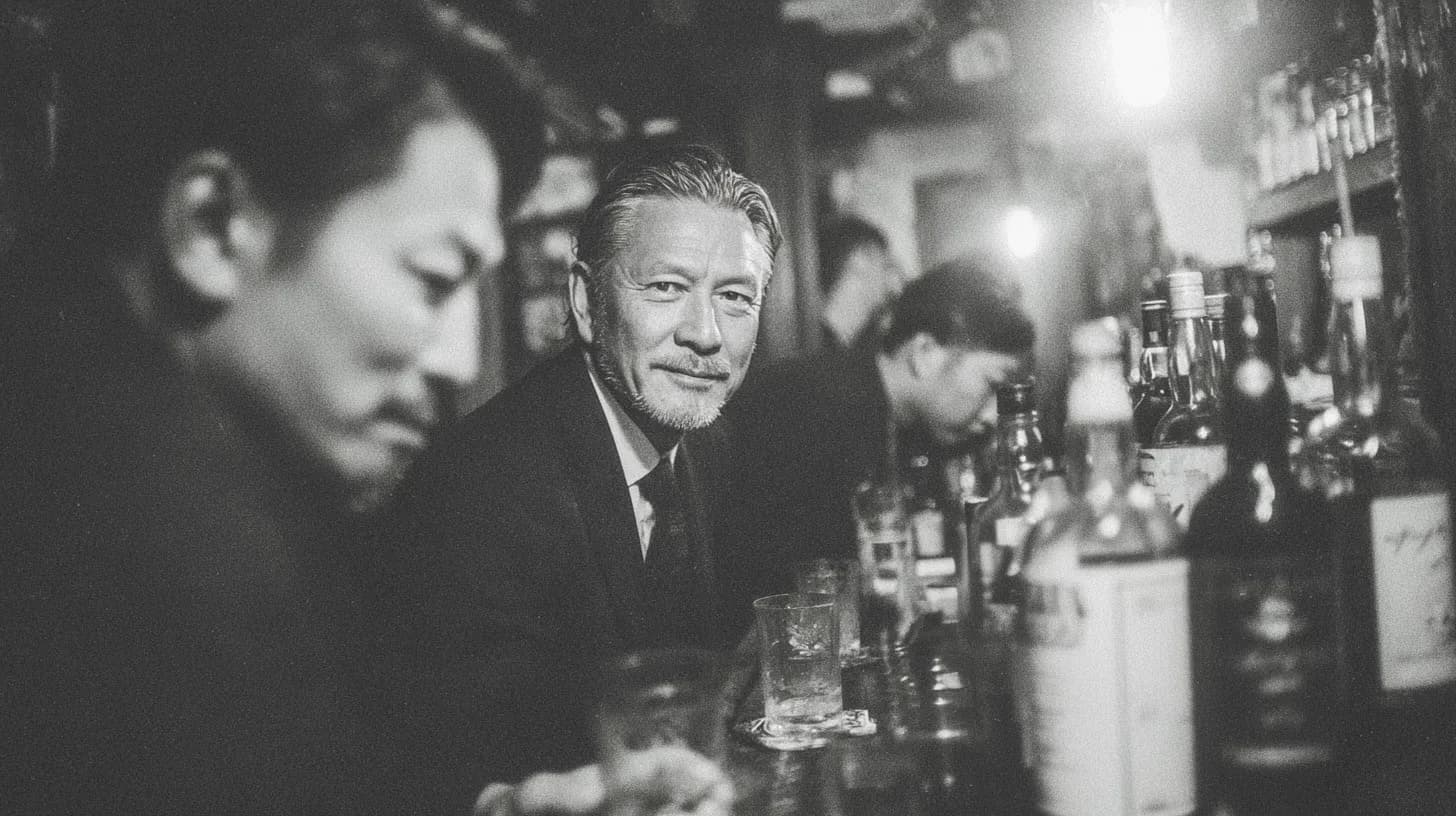 スナックのカウンターで静かに飲む男性客たち。本音の会話が生まれる夜のバーの雰囲気