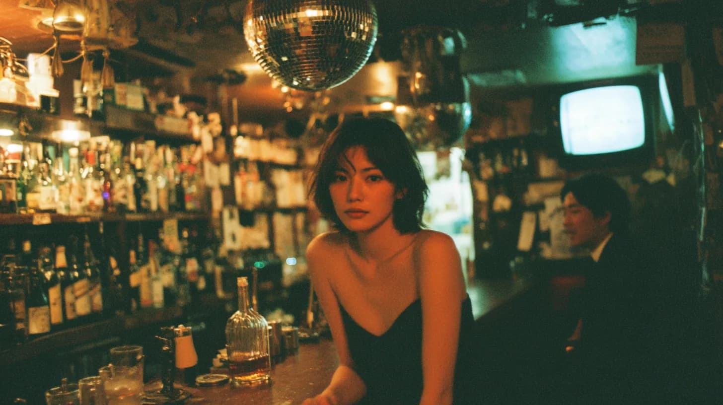 スナックのカウンターで会話する男女の客