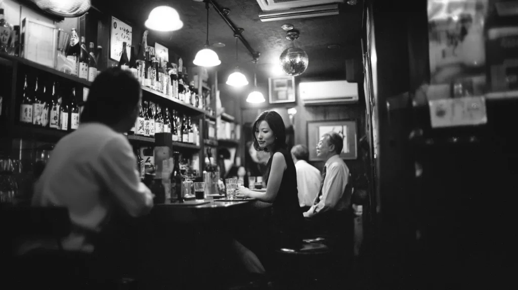 常連と初めての人が同じカウンターを囲むスナックの夜の風景