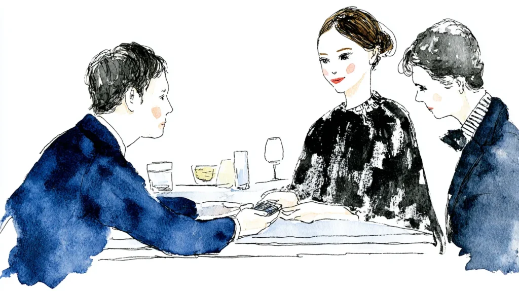 スナックのカウンターでカラオケのリモコンを差し出す常連男性客と受け取るママのイラスト