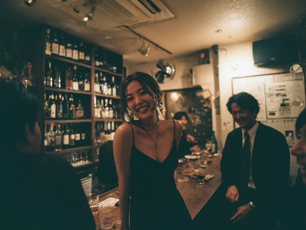 東京のスナック紅（BENI）本店のキャスが常連と談笑している風景。