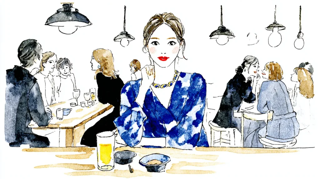 居酒屋で複数グループが談笑する様子を描いた水彩イラスト