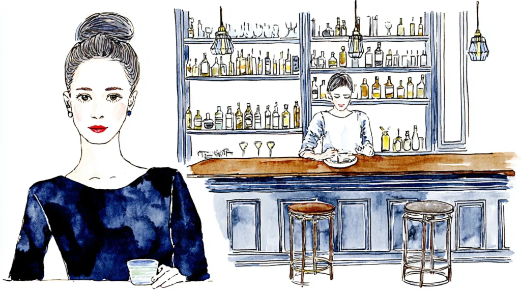 バーカウンターで飲み物を持つ女性の水彩イラスト