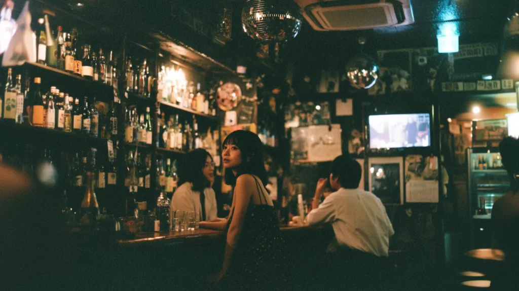 夜のスナック店内で客がカウンターに座っている雰囲気のある空間