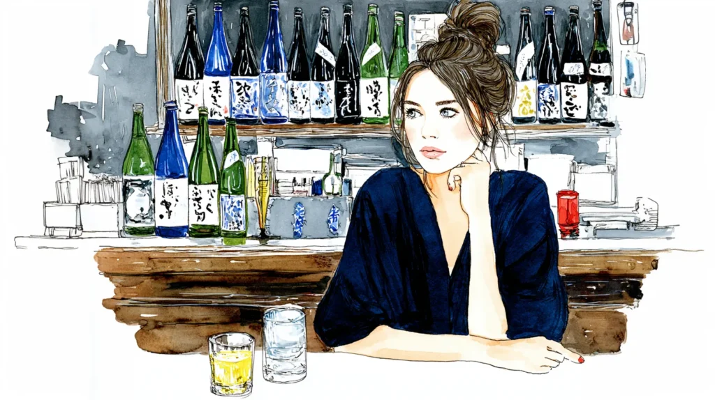 ボトルが並ぶスナックのカウンターで、物思いにふける女性。水割りとウイスキーが置かれた店内風景。