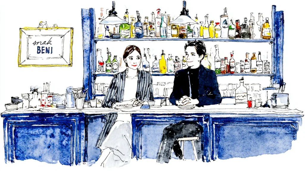 ネオスナックのカウンターで並んで座る男女の水彩イラスト