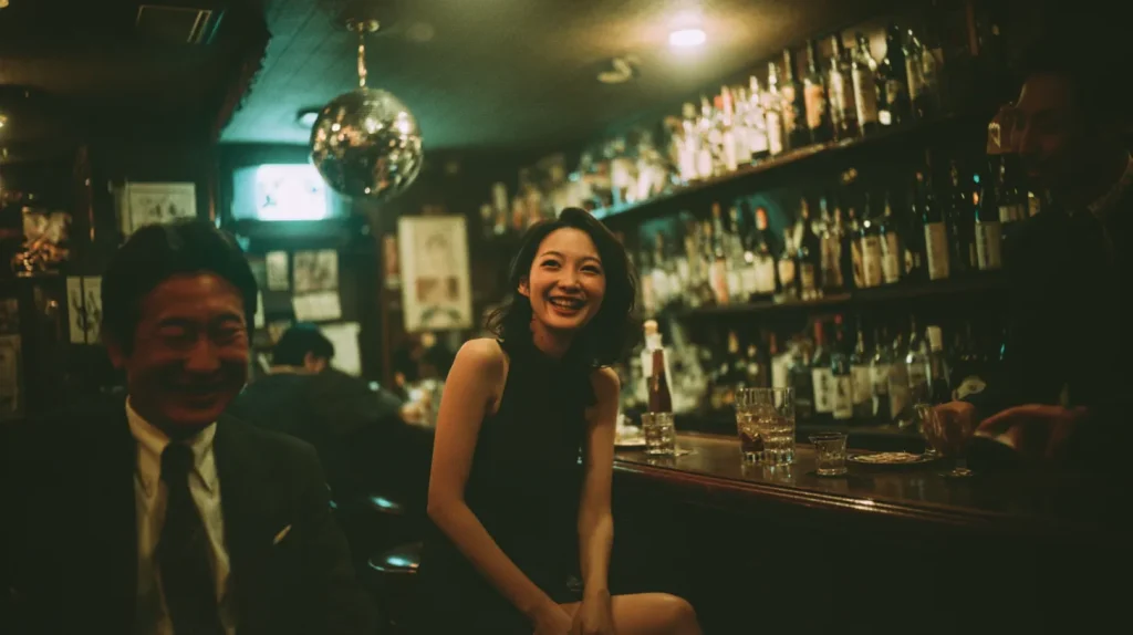 スナックのカウンターで笑顔を見せる女性と楽しそうに飲む男性客
