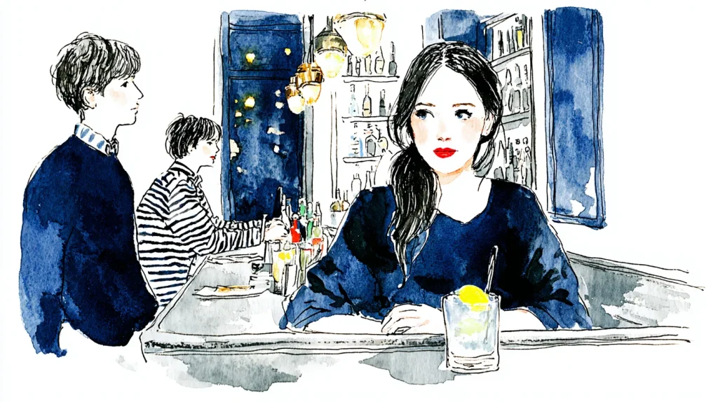 夜のスナックで一人飲みする女性のイラスト。スナックが居心地よく感じる心理のイメージ