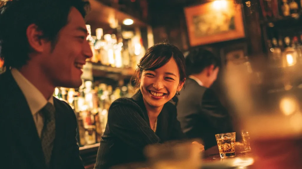 バーのカウンターでスーツ姿の男女が楽しくお酒を飲んでいる様子