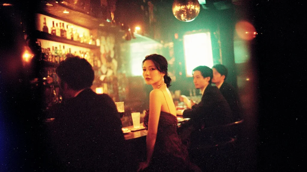 スナックのカウンターで周りの会話を聞きながら飲んでいる女性客
