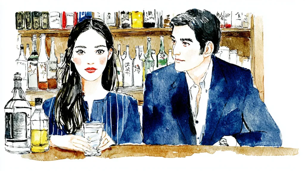 スナックのカウンターで男女が並んで飲むイラスト