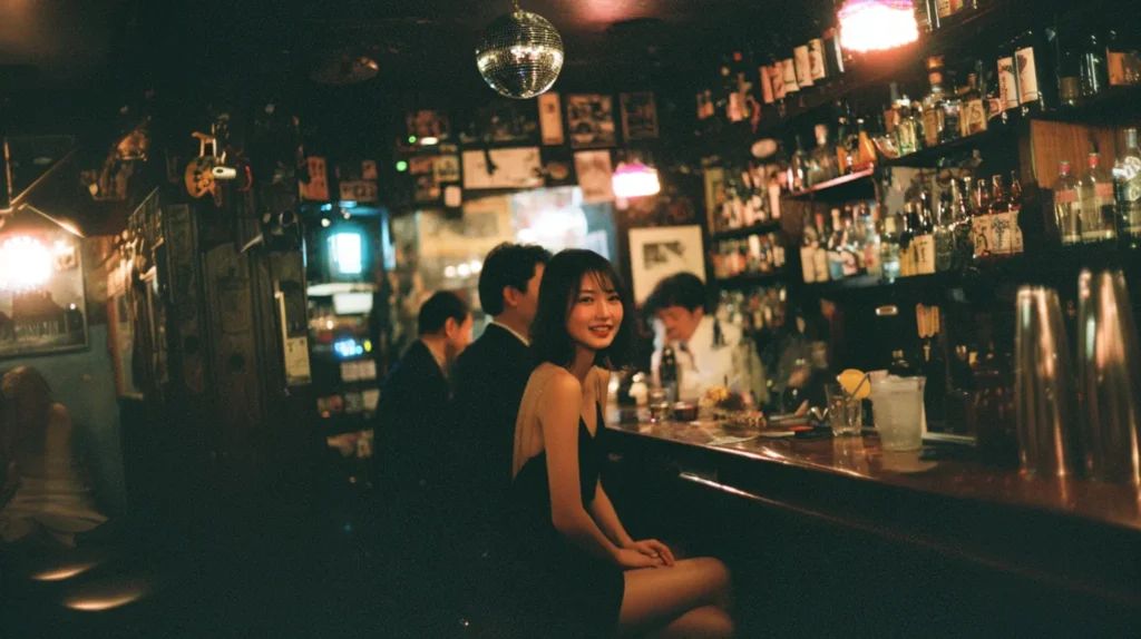 東京のスナックで一人飲みをする女性のカウンター風景