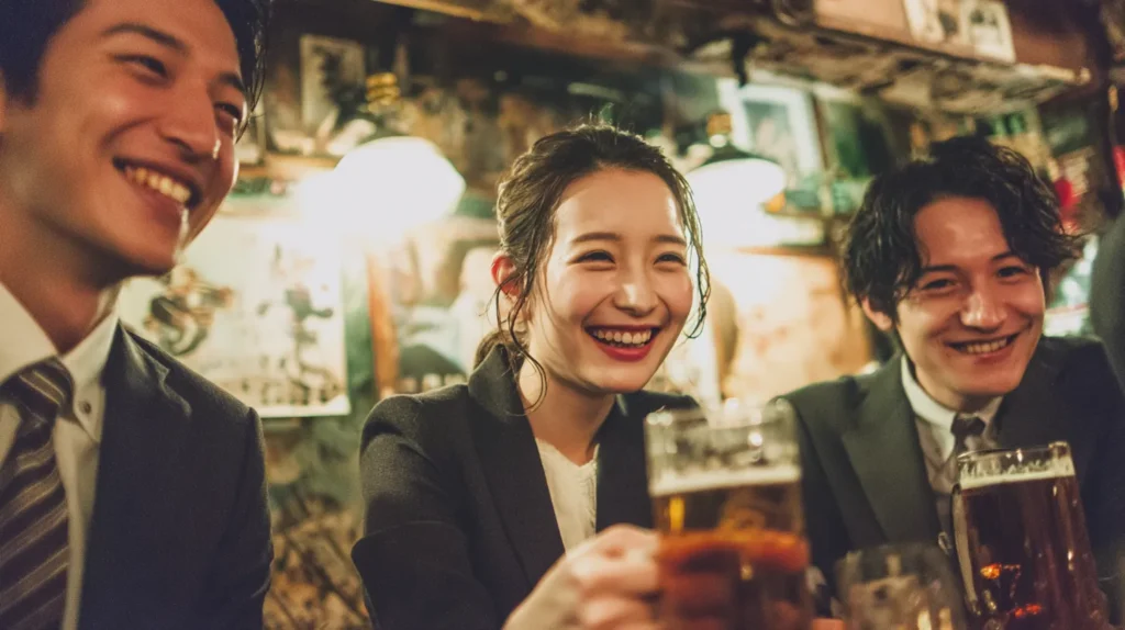 スナックで男女3人がビールを片手に笑い合っている様子