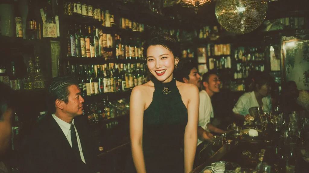 スナック店内で笑顔を見せる女性と客たち 夜のカウンターに流れる癒しの雰囲気