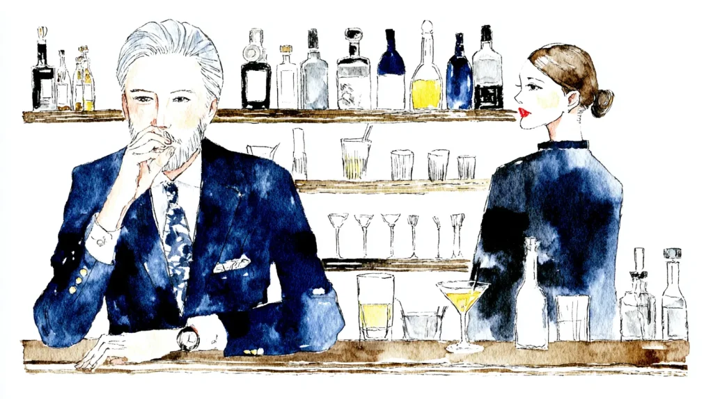 スナックのカウンターで落ち着いて飲む大人の客を描いたイラスト