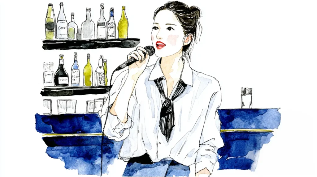 スナックでカラオケを楽しむ女性の水彩イラスト