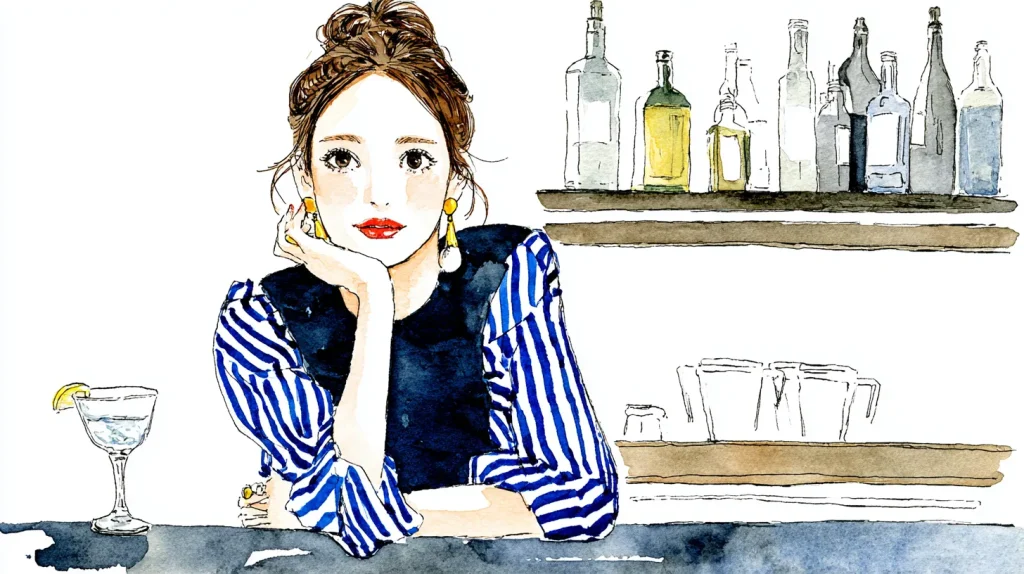 スナックのママをイメージした水彩イラストとカウンターのボトル棚