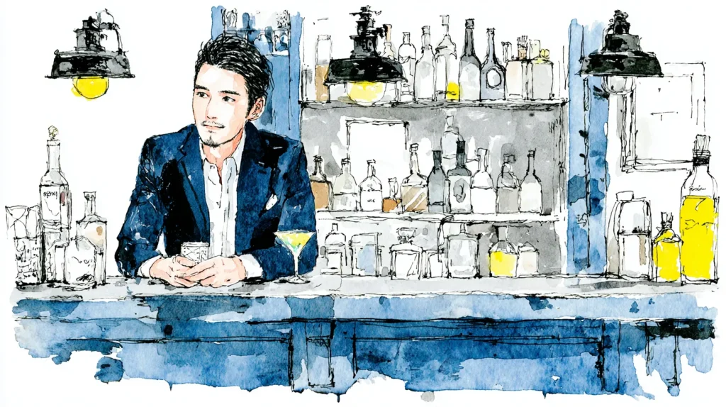 スナックのカウンターで一人静かに飲む40代の男性客