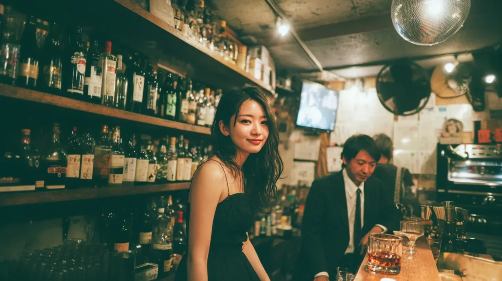 スナックのカウンターでゆっくり過ごす女性 落ち着いた店内とリラックスした夜の空気