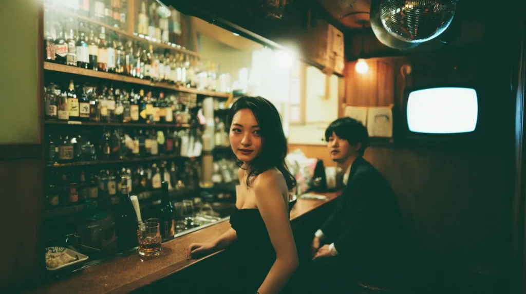 スナックのカウンターでお酒を飲む女性客と男性客