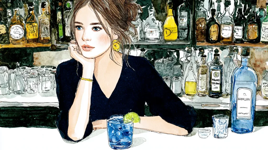 スナックのカウンターでお酒を飲みながら考える女性客