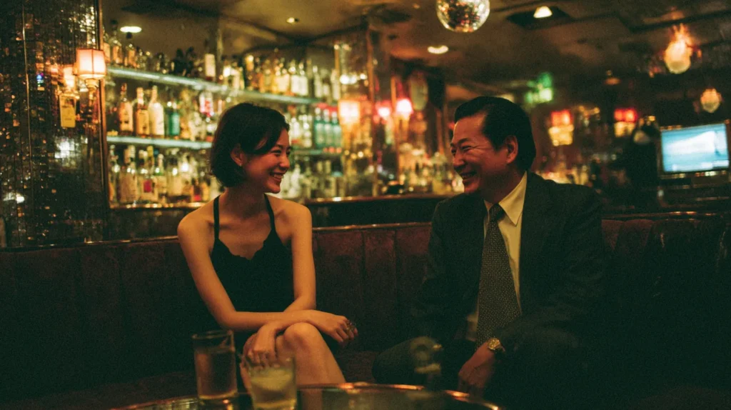 東京のスナックのボックス席で、スーツ姿の男性と女性が向かい合って会話している夜の店内風景