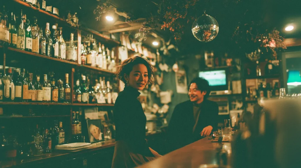 東京のスナックで、横向きの女性と男性客がカウンター越しに談笑している自然な夜のスナップ