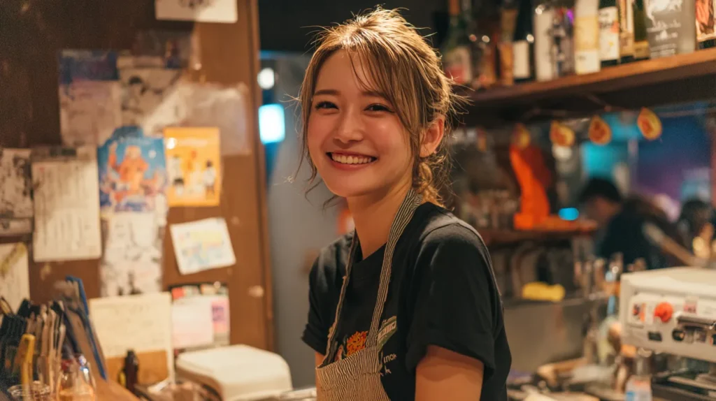 東京のスナックでエプロン姿の女性スタッフが自然な笑顔を見せるカウンターの風景