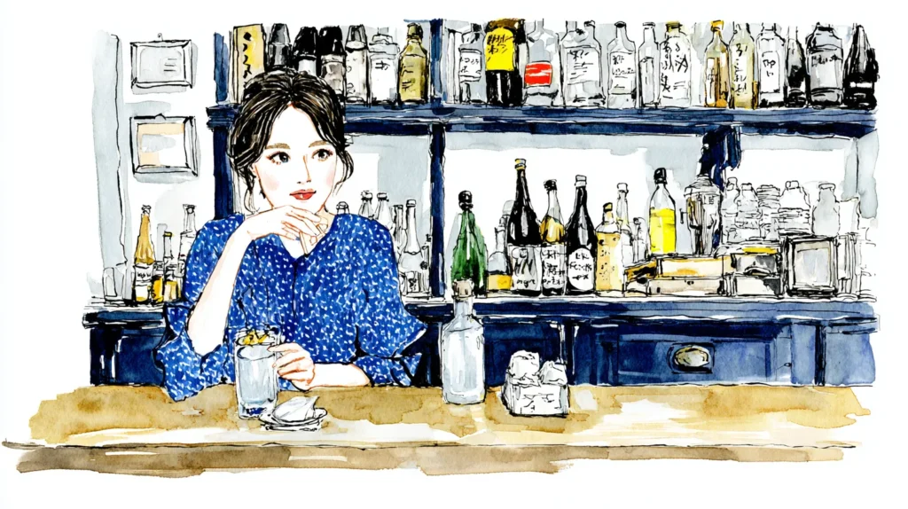東京のスナックのカウンターでグラスを手に静かに佇む女性を描いた水彩イラスト