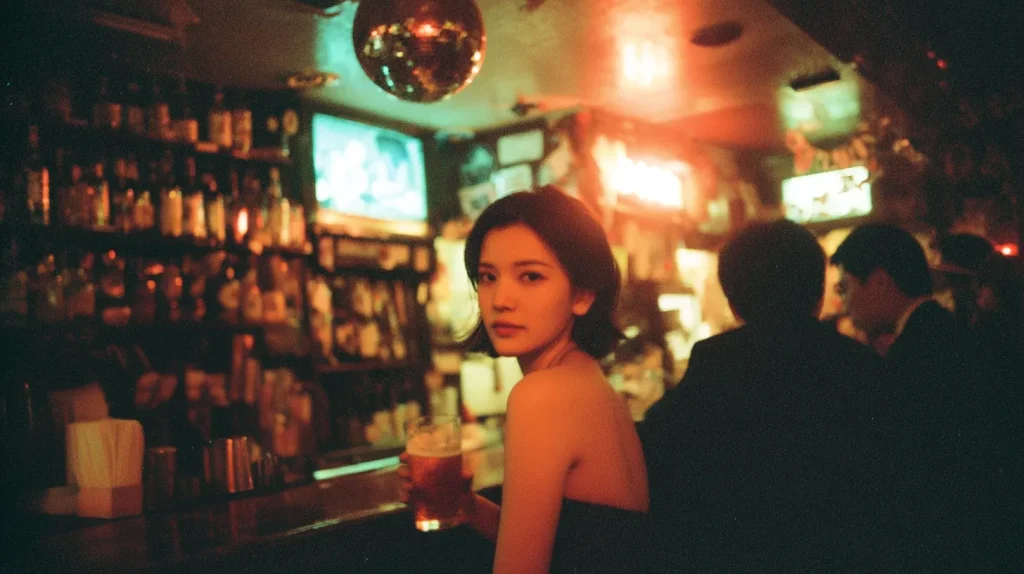 女性が一人でスナックのカウンター席でお酒を楽しんでいる夜の店内