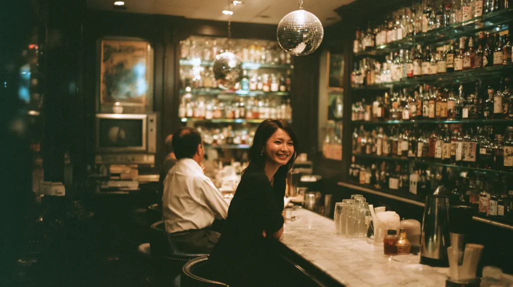 落ち着いたバーのカウンターでお酒を飲むスーツ姿の女性